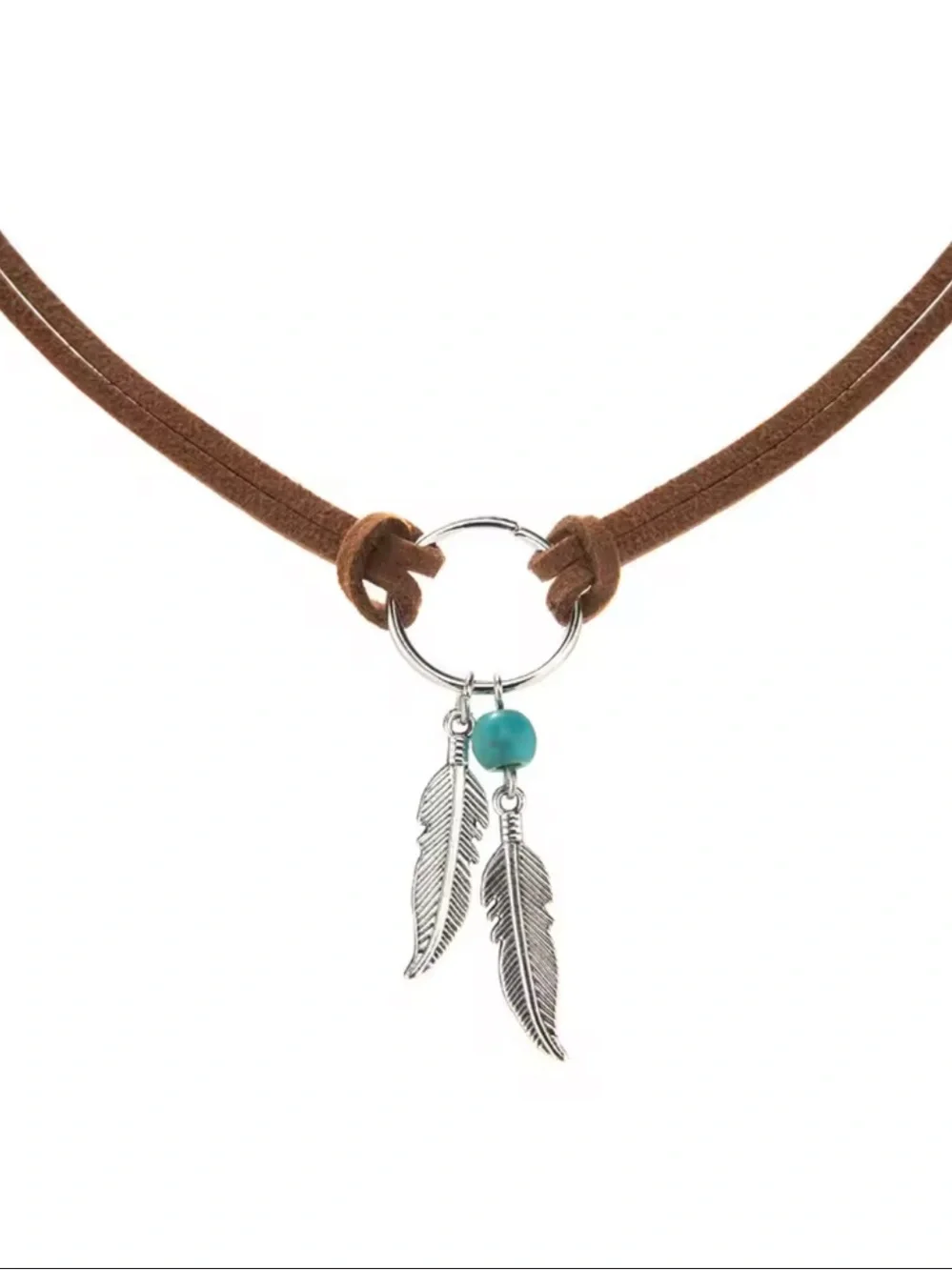 Boho Brown Leather Choker Necklace with Turquoise Bead and Feather Charms - Picture 4 of 5